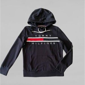 Tommy Hilfiger Hoodie Women's Size Small Long Sleeve Navy Blue Logo Spellout